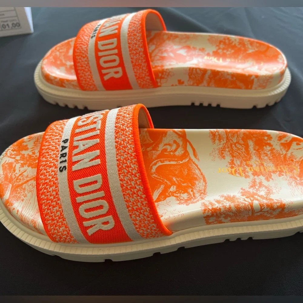 DIOR Bright Orange Toile de Jouy Embroidered Cotton DWAY SLIDE - size 38 - Picture 5 of 11